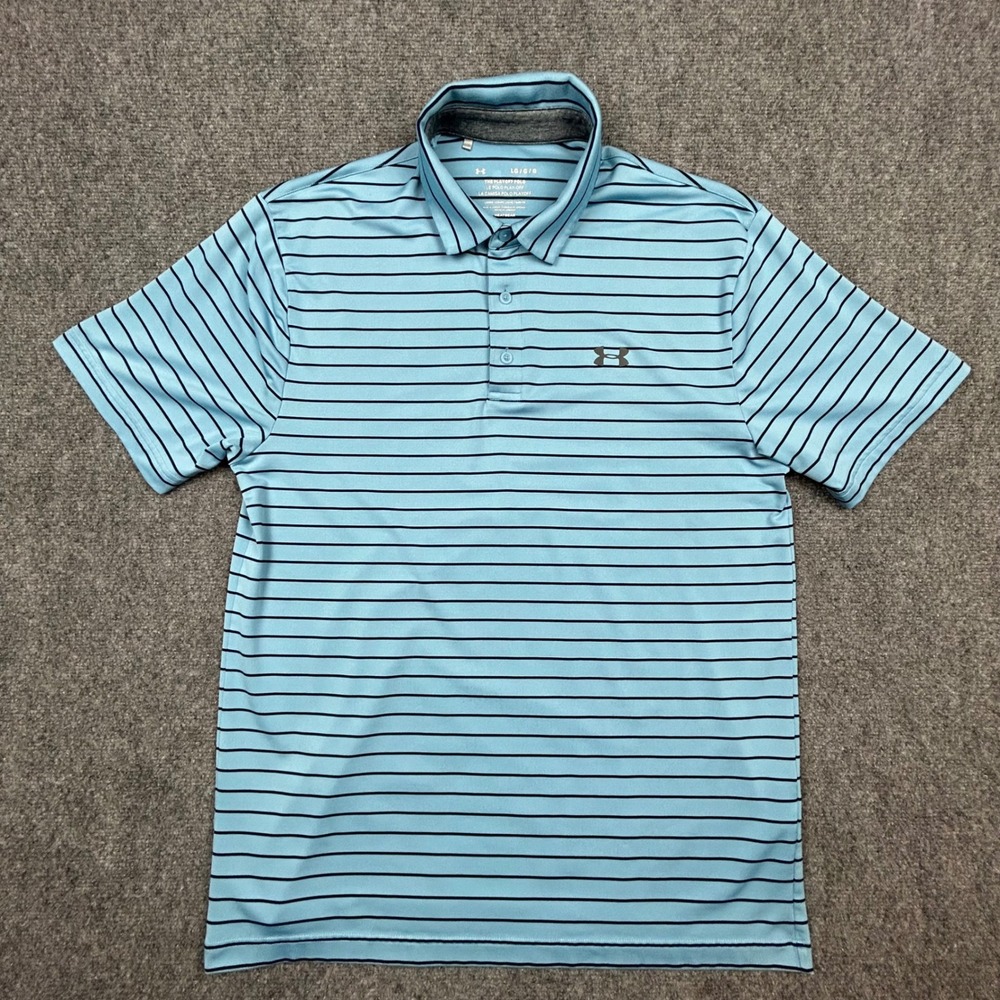 Under Armour Playoff Polo Shirt Mens L Blue Striped HeatGear Performance Golf